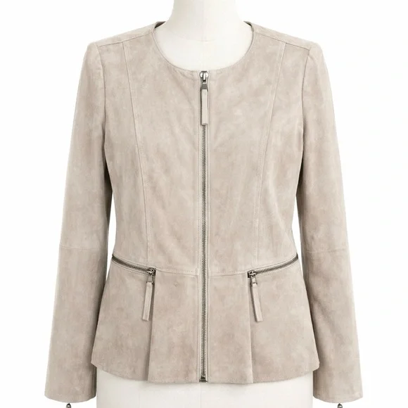 Beige Suede Moto Jacket Minimalist Biker Peplum Spring Weight Cream Size Medium - Picture 1 of 16